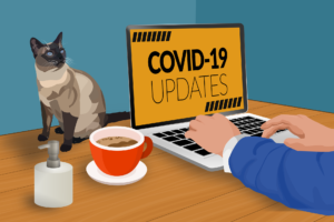 An animate image of person surfing the laptop with Covid 19 Updates written on the laptop and cat behing the laptop